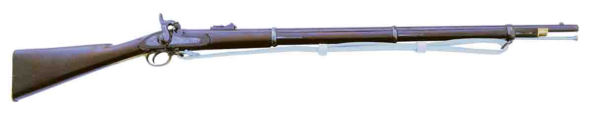 An Enfield Pattern 1853 rifle-musket (second variation). Adopted in 1853 to replace the Pattern 1851, it has a smaller bore (.577 inch versus .702 inch) and is lighter in weight (9.5 pounds with sling and bayonet, versus 11 pounds-plus).